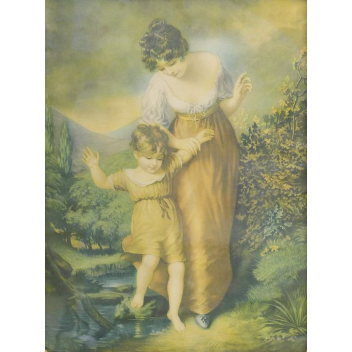 Antique Mother & Daughter Colored Print w/ Gilt Frame