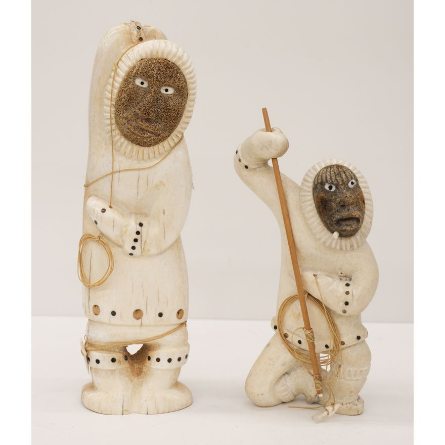 2pc Fred Nayokpuk ''Eskimo Seal Hunters'' Inlaid Whale Bone