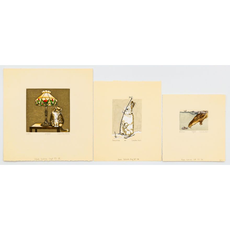 3pc Sue Ellen Ross Small Animal S/N Hand Colored Etchings.