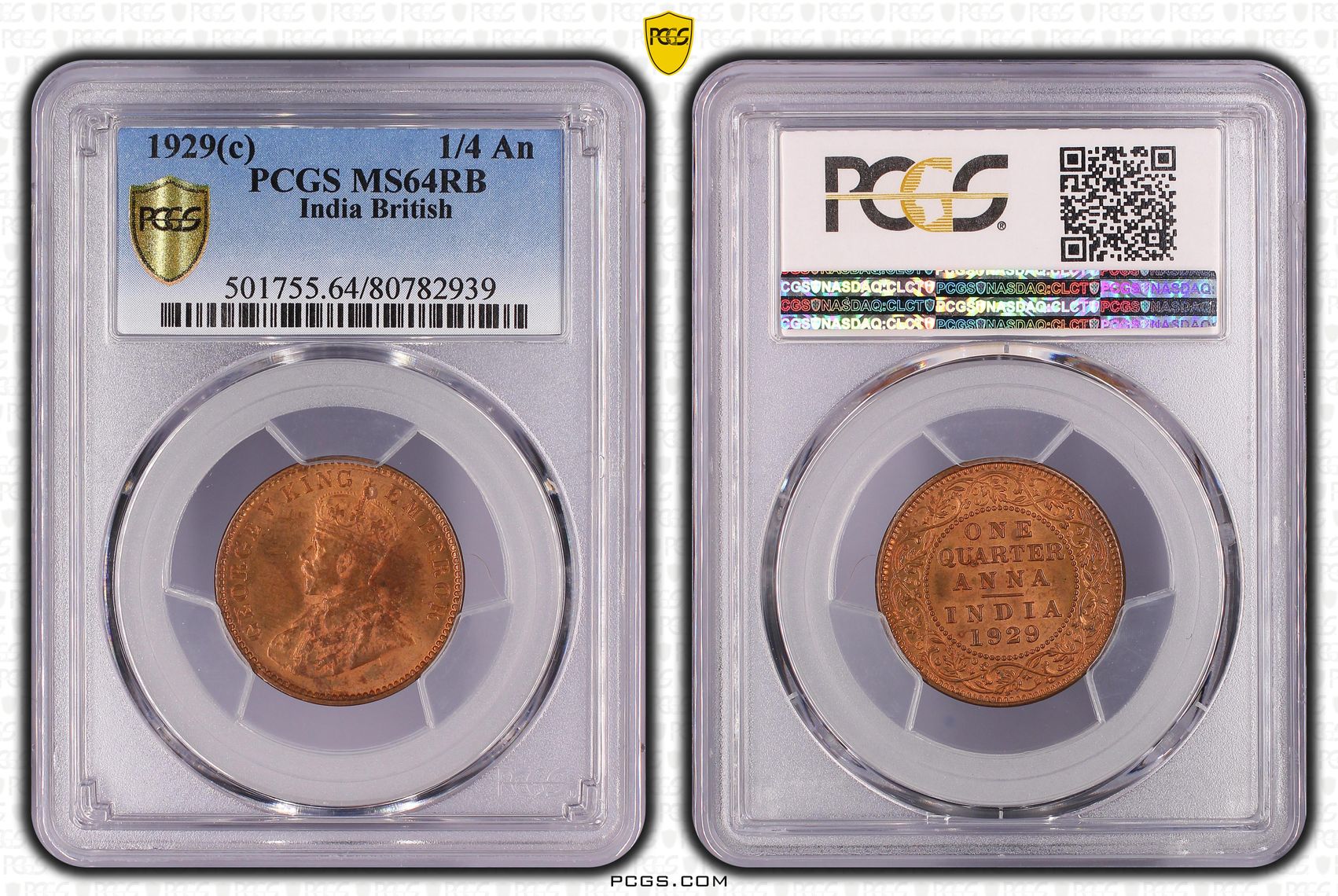 India British, SW-8.371, One Fourth Anna, 1929(C), PCGS MS64RB