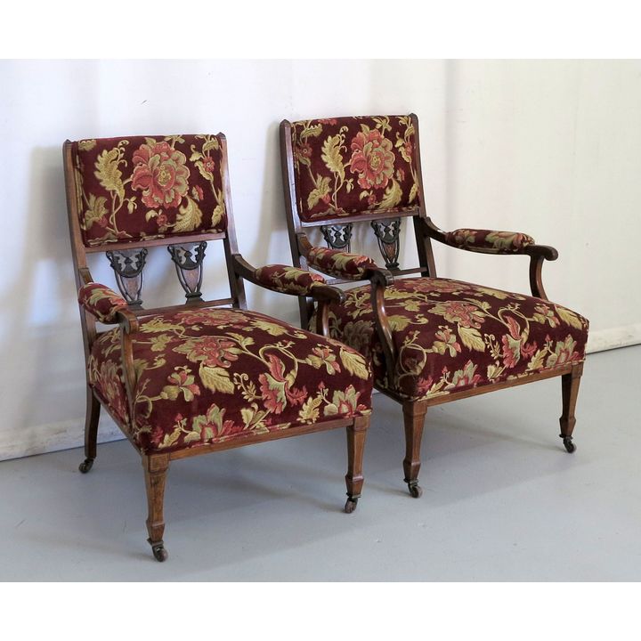 PAIR OF LATE VICTORIAN INLAID ROSEWOOD UPHOLSTERED  ARMCHAIRS