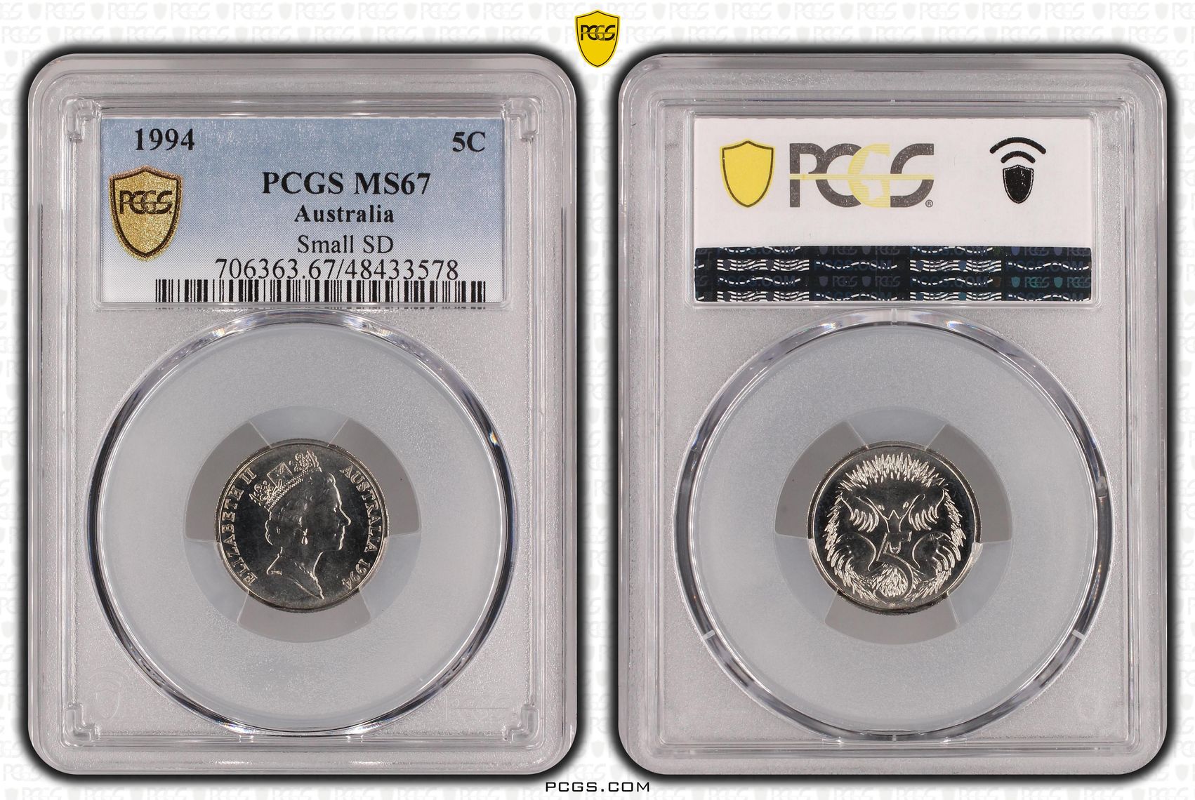 Elizabeth II, Small SD, Five Cent, 1994, PCGS MS67