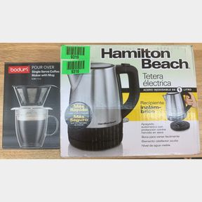 HAMILTON BEACH TETERA ELECTRIC KETTLE & BODUM POUR OVER SINGLE SERVE COFFEE MAKER MUG