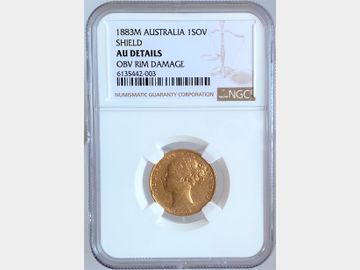 1883 VICTORIA YOUNG HEAD MELBOURNE MINT SHIELD GOLD SOVEREIGN AU DETAILS OBVERSE RIM DAMAGE