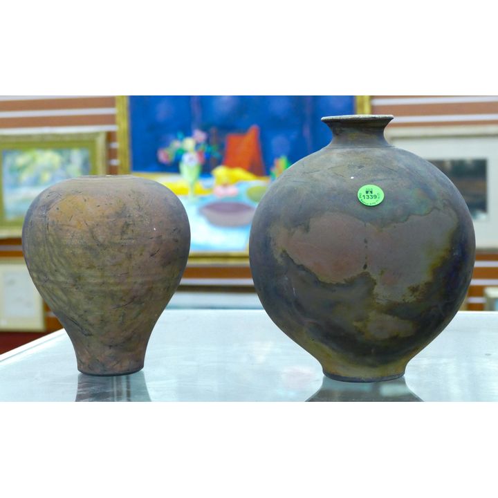 2pc Cathi Jefferson Raku Pottery Vases 6'' and 9''