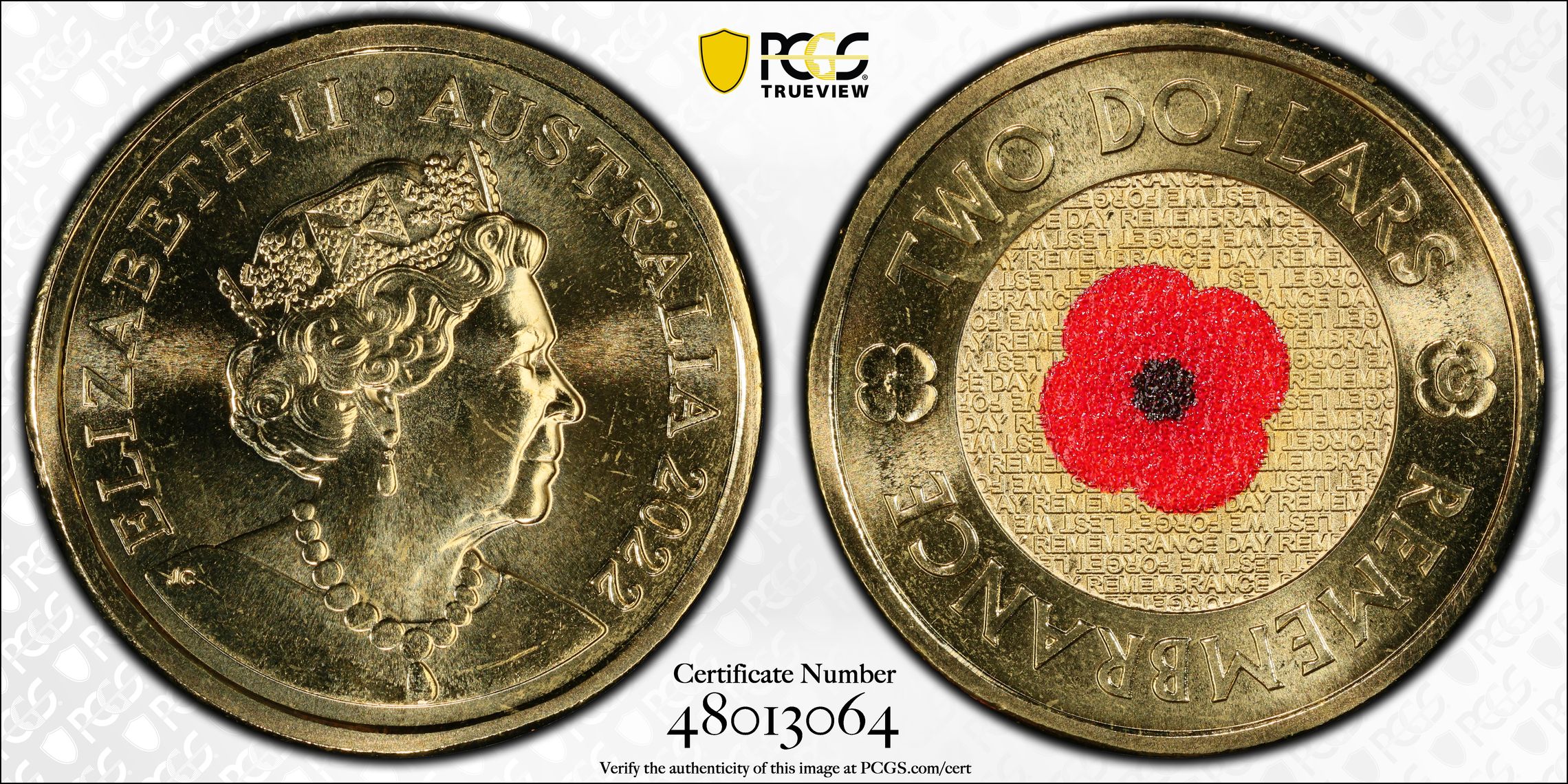 Elizabeth II, Remembrance Day Colorized, Two Dollar, 2022, PCGS MS67