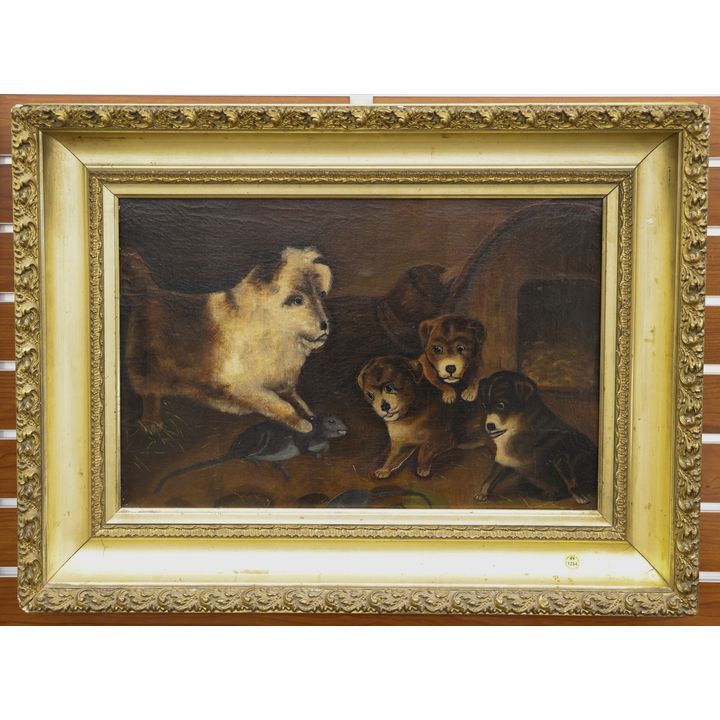 Antique American Dog Family Oil Painting Framed 21''x28''