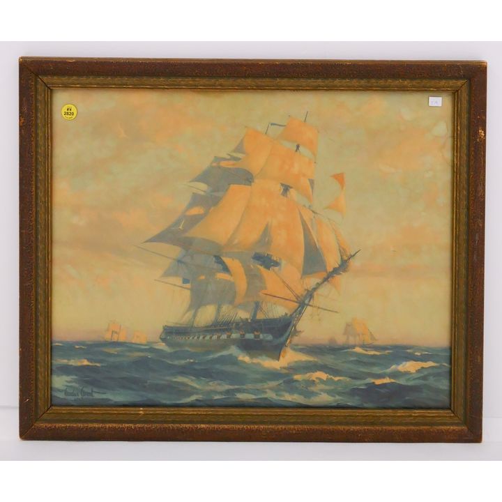 Vintage Gordon Grant Ship Lithograph Framed- 19x23''