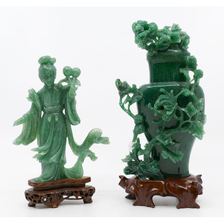 2pc Chinese Carved Jade Meiren and Covered Vase 6.5'' and 8''
