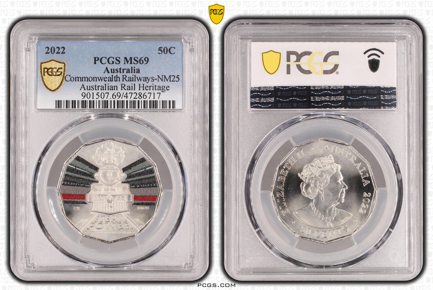 159 · Elizabeth II, Commonwealth Railways-NM25 - Australian Rail Heritage, Fifty Cent, 2022, PCGS MS69