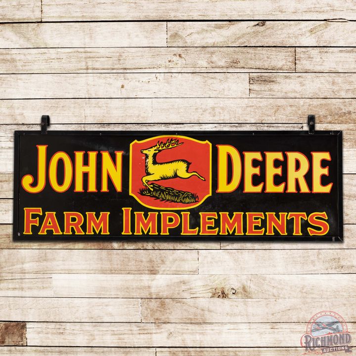 John Deere Farm Implements 6' Double Sided Porcelain 3 Legged Deer Logo Sign w/ Metal Frame
