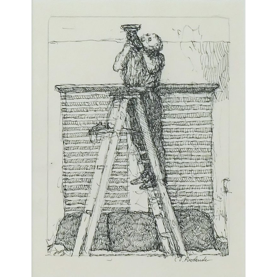 Thomas Prochaska ''Changing a Bulb'' Ink on Paper Framed 21''x17''