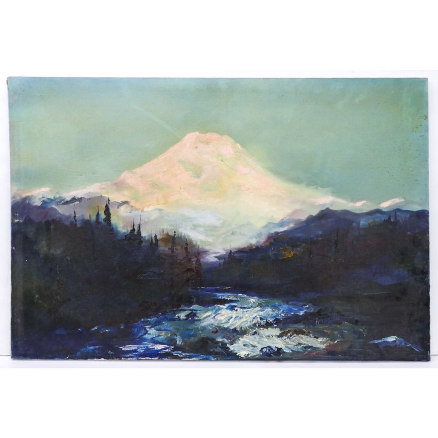 Gene Amondson ''Mt. Rainier over River'' Oil on Canvas 24''x36''