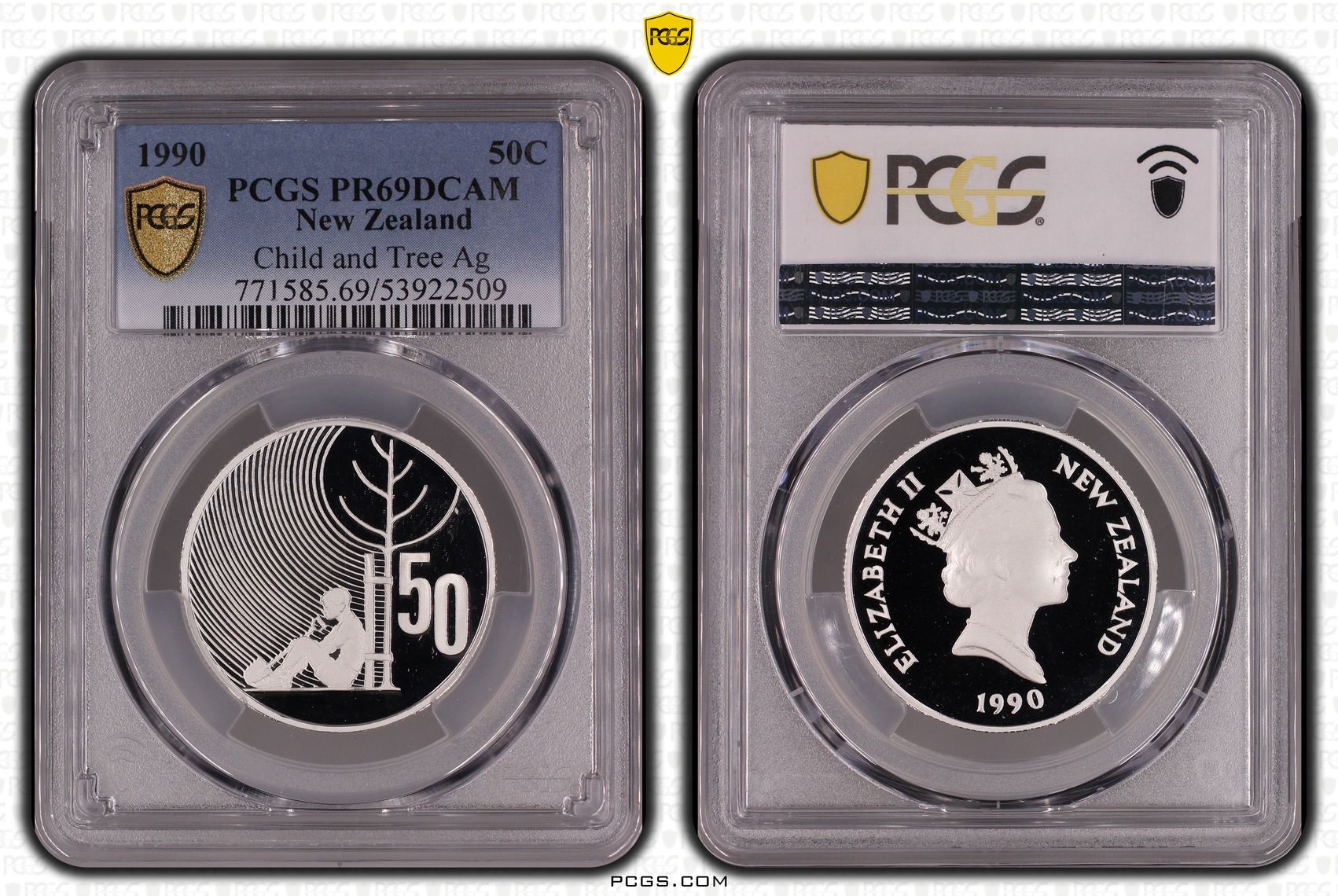 New Zealand , Child and Tree Silver, 3/0, Fifty Cent, 1990, PCGS PR69DCAM