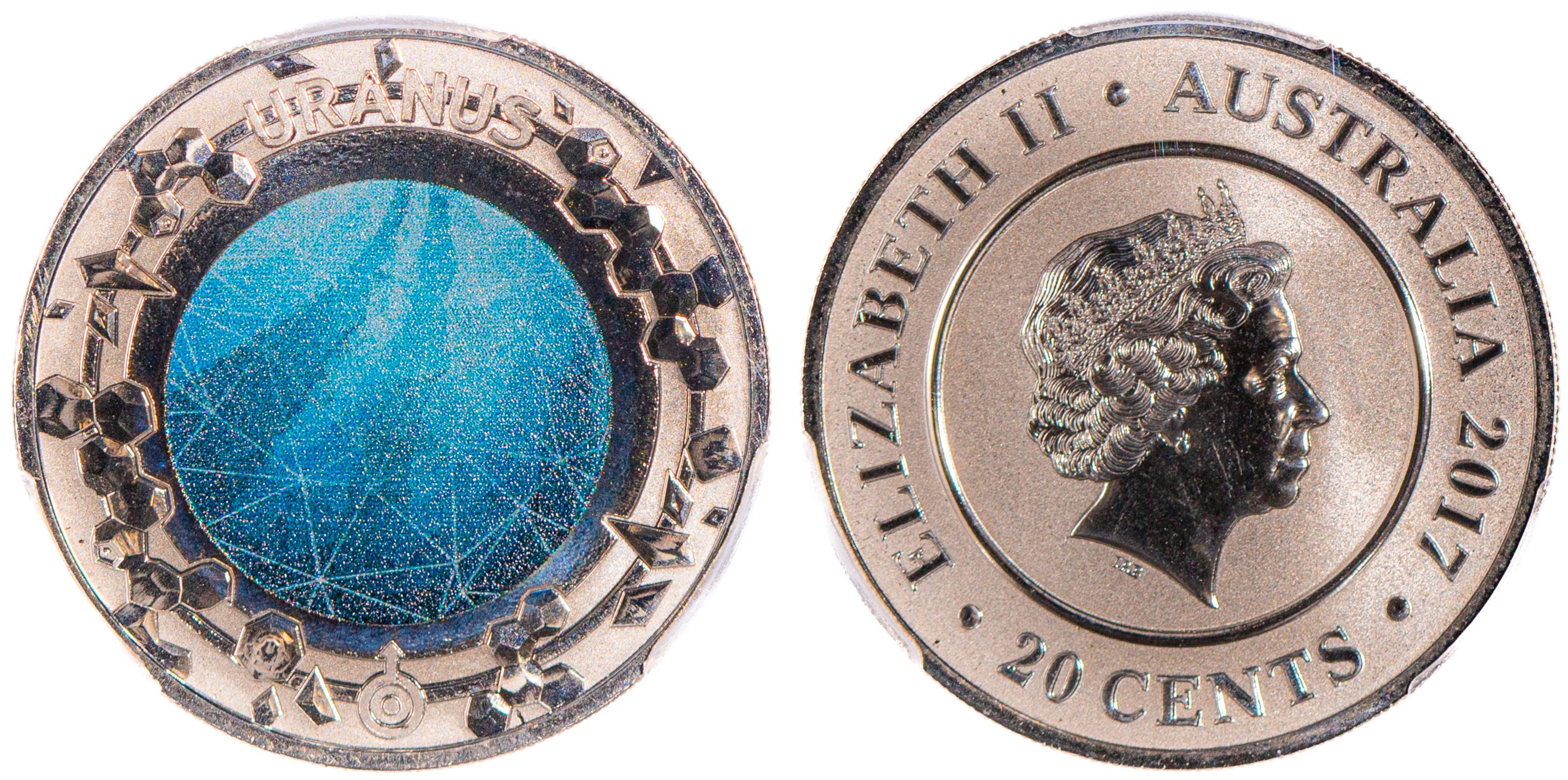 Elizabeth II, Planetary Coins - Uranus, Twenty Cent, 2017, PCGS MS 70
