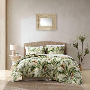 TOMMY BAHAMA 100 PERCENT COTTON, ULTRA-SOFT BEDDING WITH MATCHING SHAMS AND BEDSKIRT, 100%, GREEN/OFF WHITE/ORANGE, QUEEN