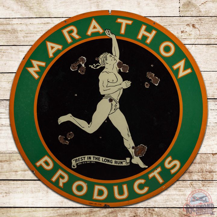 Marathon Products "Best in the Long Run" 48 Double Sided Porcelain Sign w/ Running Man