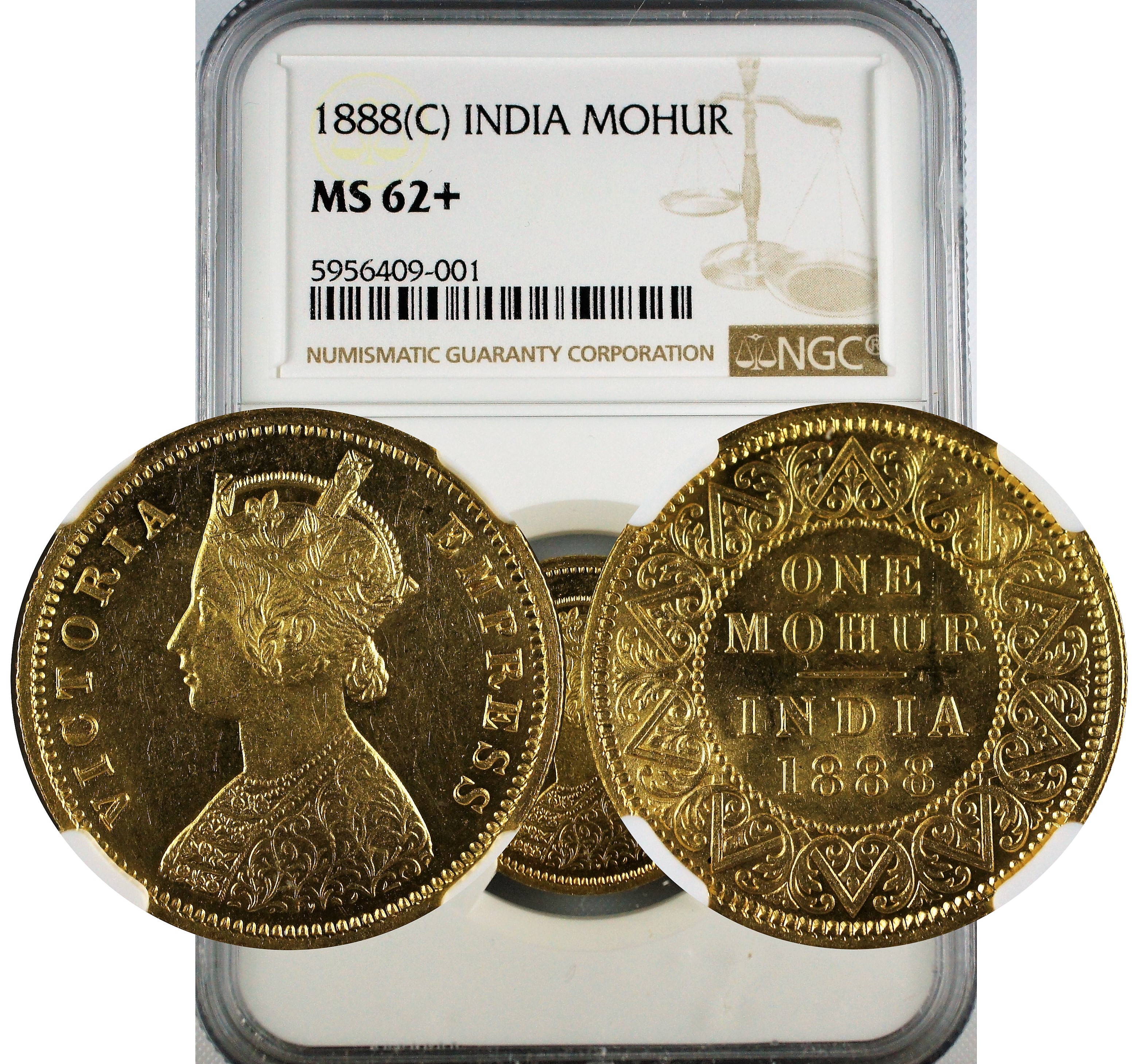 India 1888 C Gold Mohur NGC MS62+