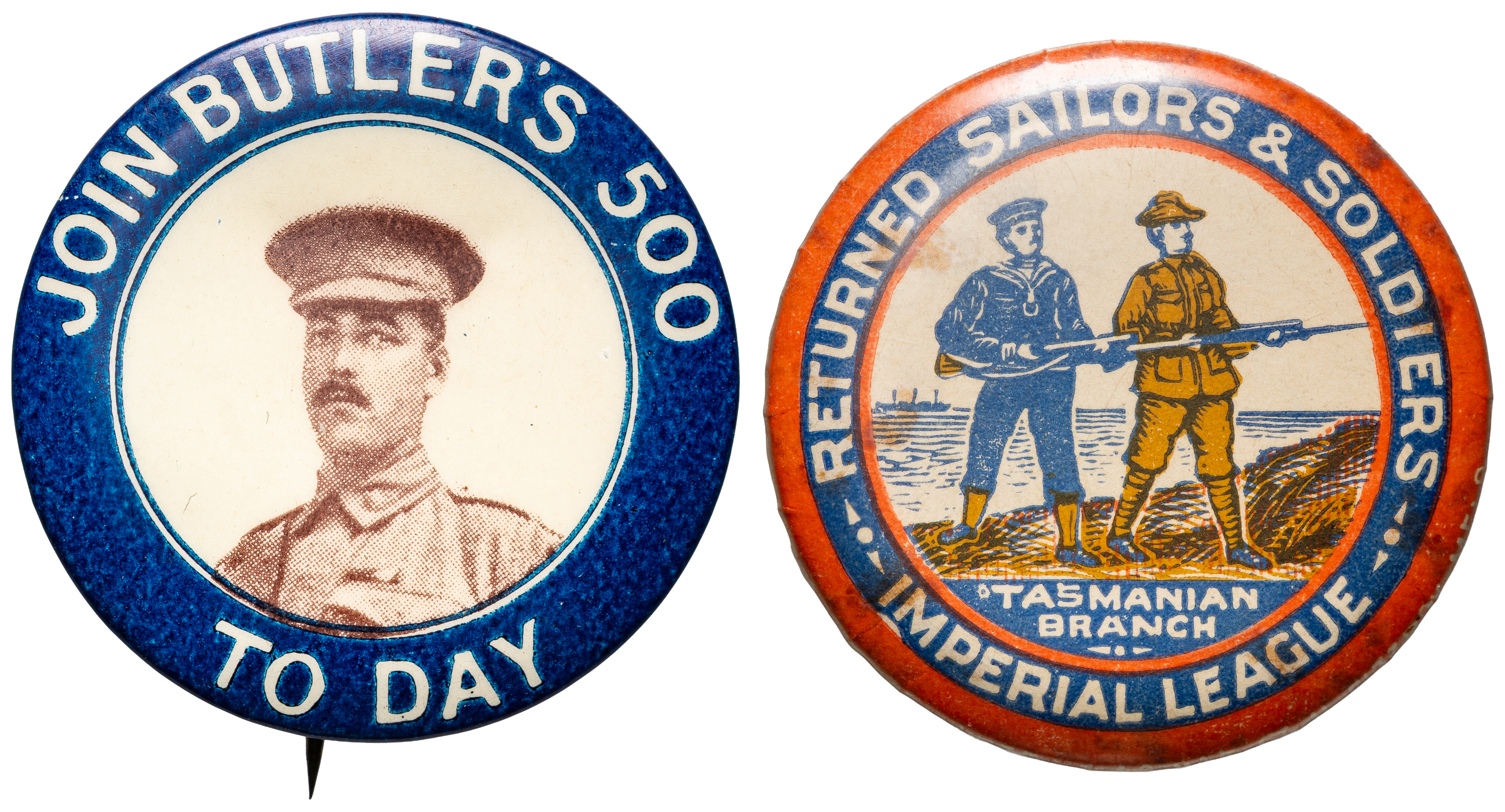 John Butlers 500 Today & R.S.S.I.L. Tasmania Button Badge, WWI, VF