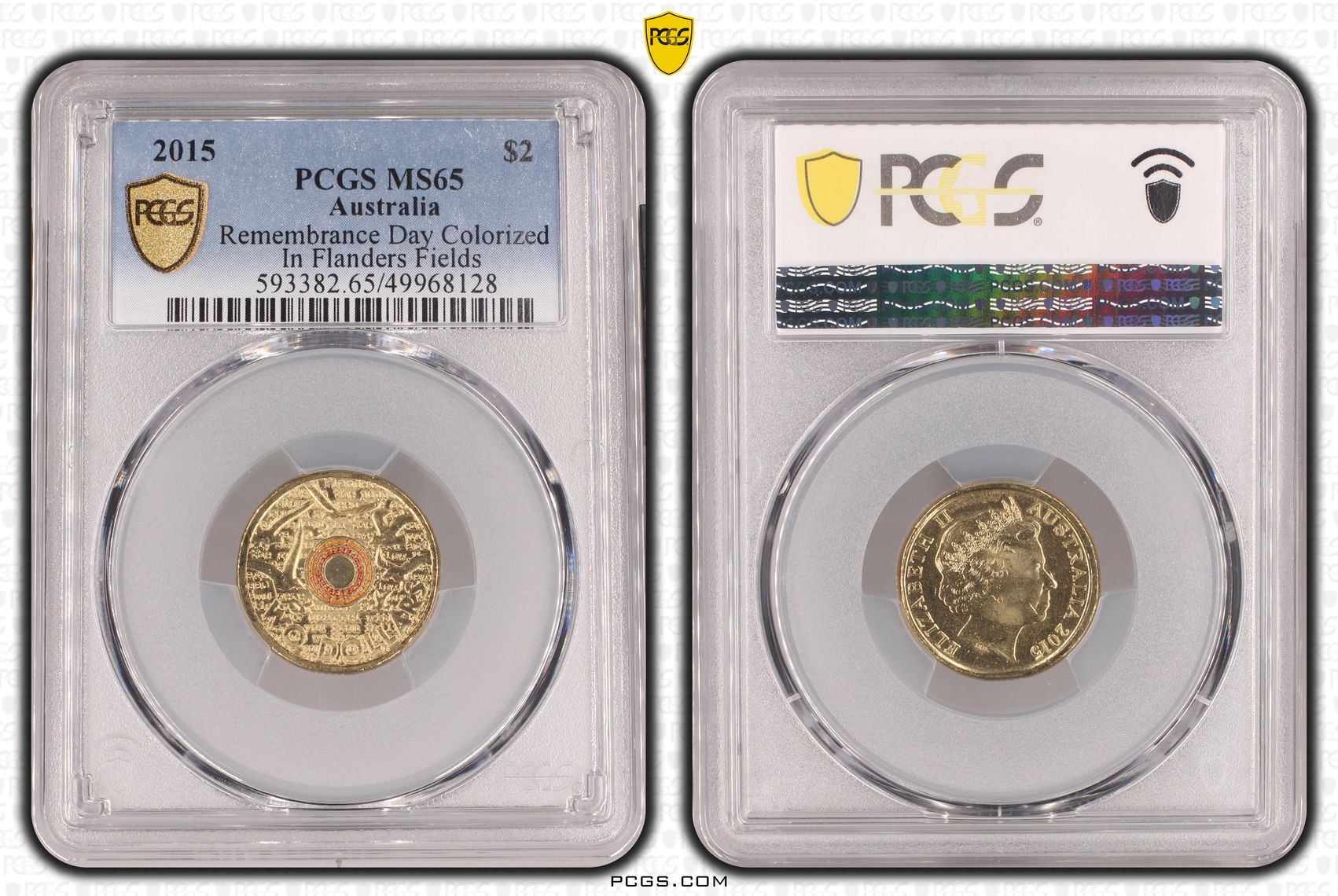 Remembrance Day Colorized - In Flanders Fields , Two Dollar, 2015, PCGS MS65