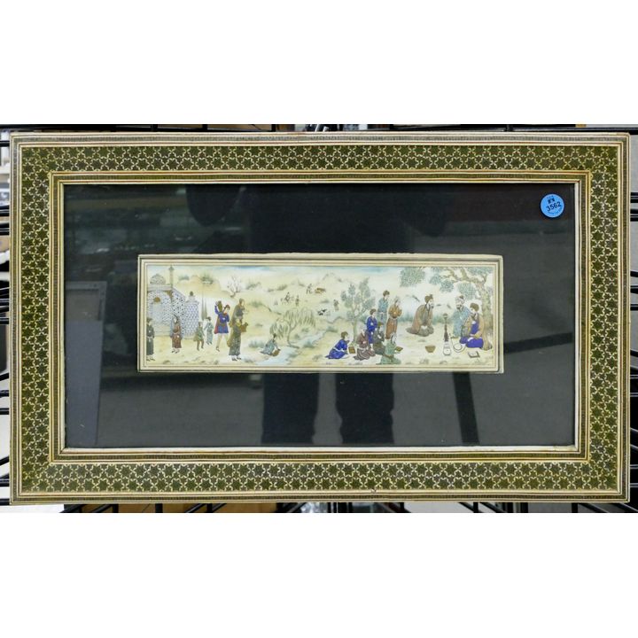 Antique Persian Miniature Landscape Painting in Khatam Frame 12''x20''