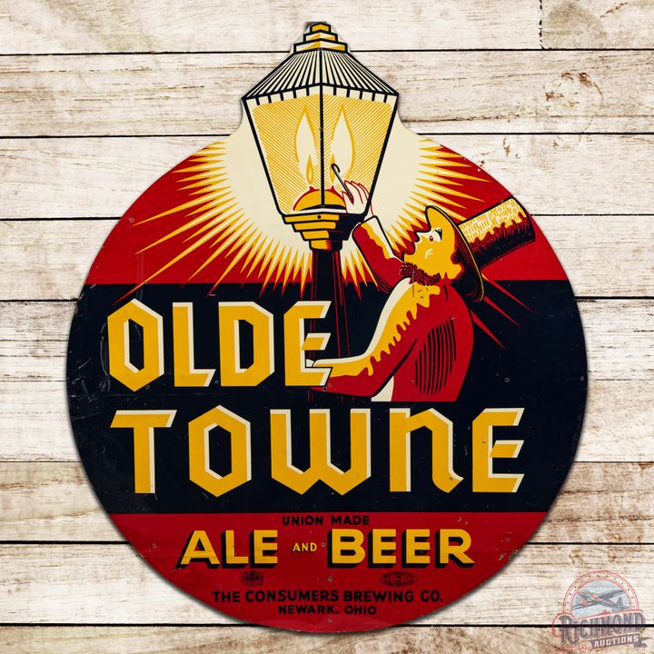 1940 Olde Towne Ale & Beer Die Cut SST Sign Newark Ohio