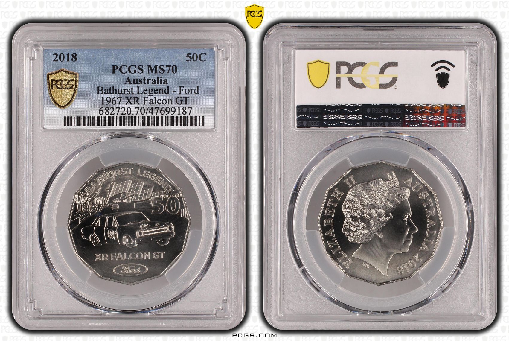 237 · Elizabeth II, Bathurst Legend - Ford 1967 XR Falcon GT, Pop 3/0, Fifty Cent, 2018, PCGS MS70