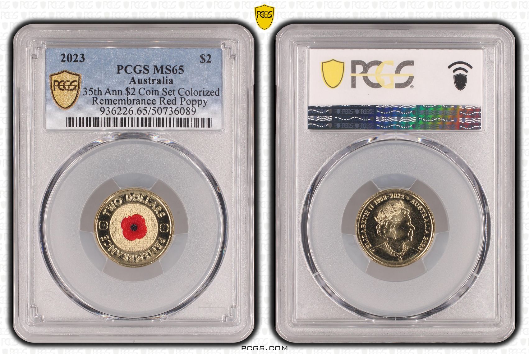 35th Ann $2 Coin Set Colorized Remembrance Red Poppy , Two Dollar, 2023, PCGS MS65