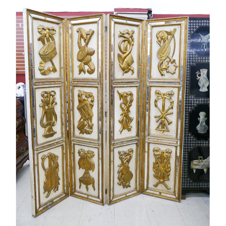 Italian Gilt Carved and Mirrored 4 Panel Room Divider Screen- 71x64'' (some missing mirror)
