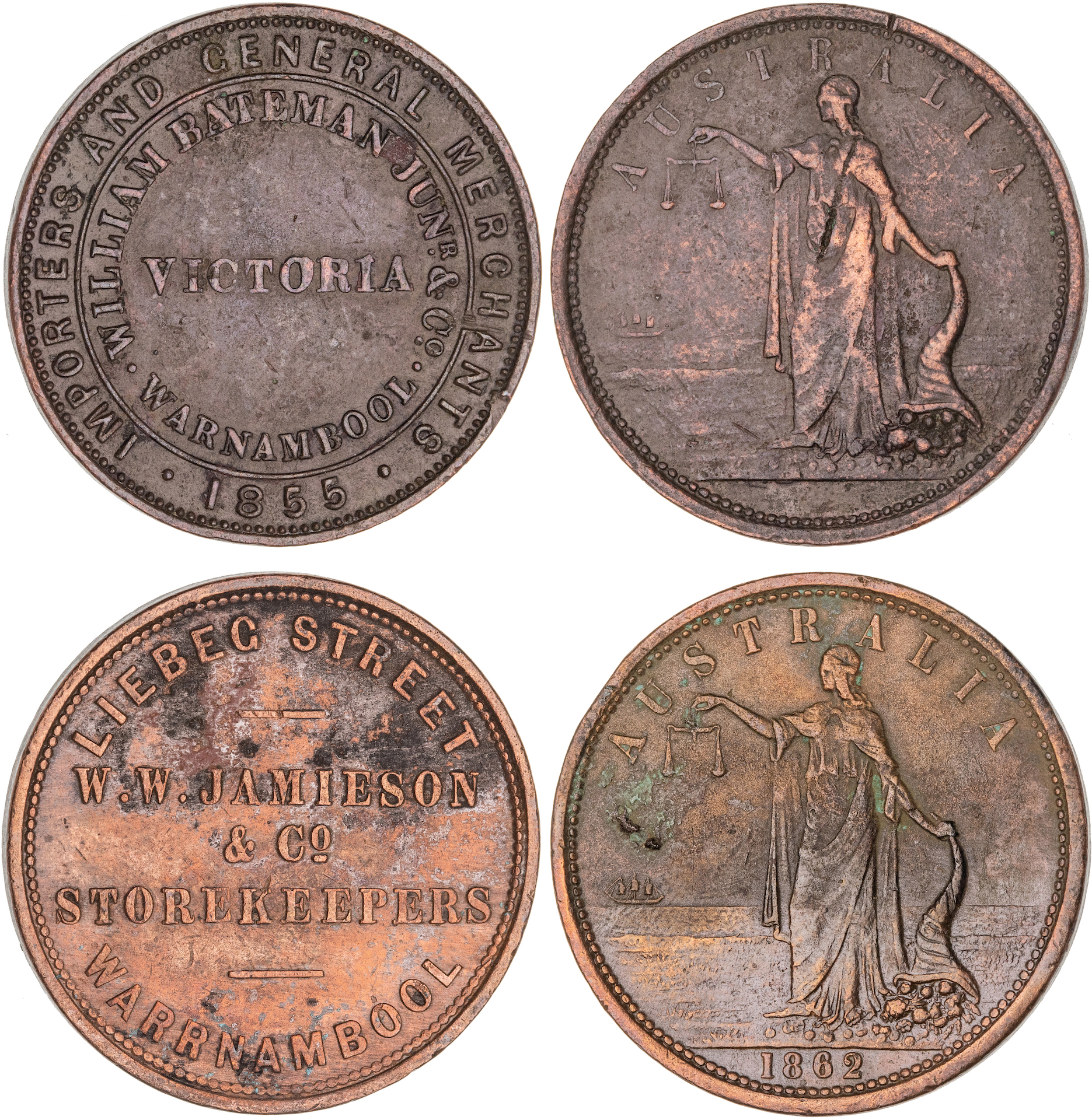 Warnambool, Victoria, William Bateman Jr. & Co, Penny, 1855, gFine