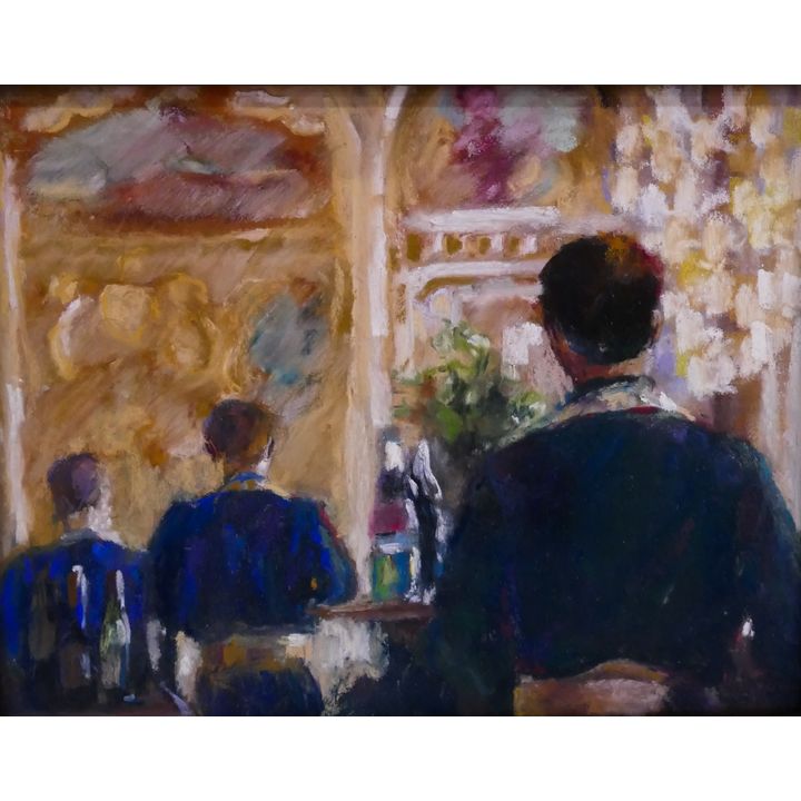 Patty Forte Linna 'Ducks in a Row' Restaurant Scene Pastel on Paper Framed. Image measures 7.5x9.5''