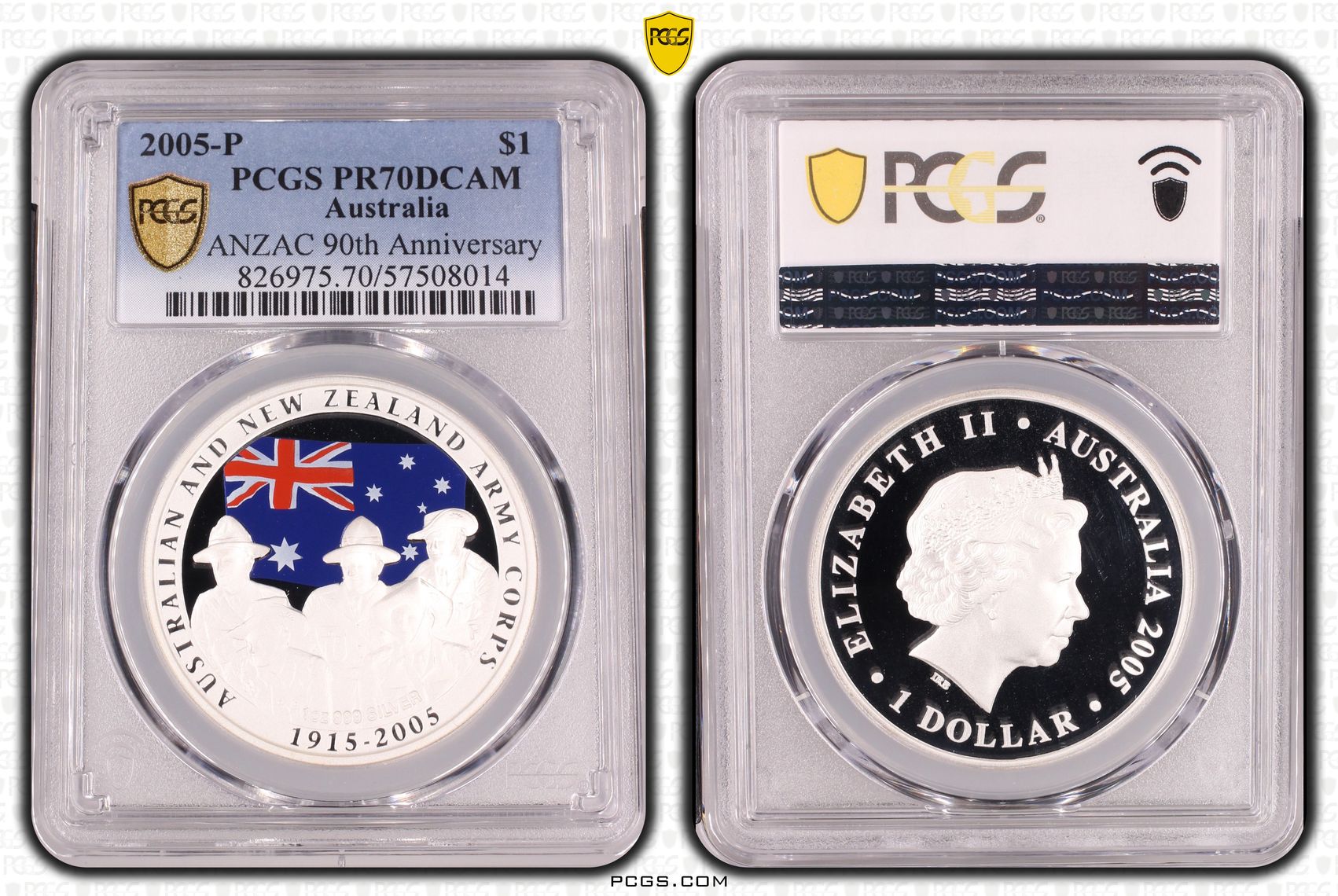 Elizabeth II, ANZAC 90th Anniversary Colourised Silver, 12/0, One Dollar, 2005-P, PCGS PR70DCAM