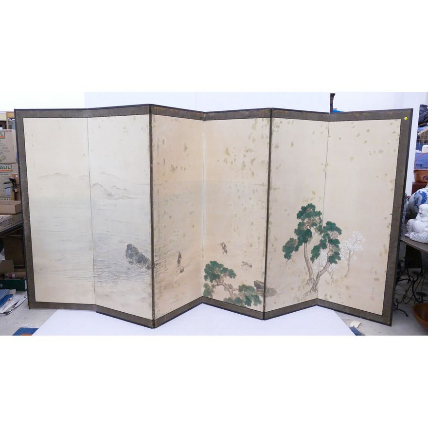 Japanese Meiji 6 Panel Landscape Room Screen- 68x144''- some damage