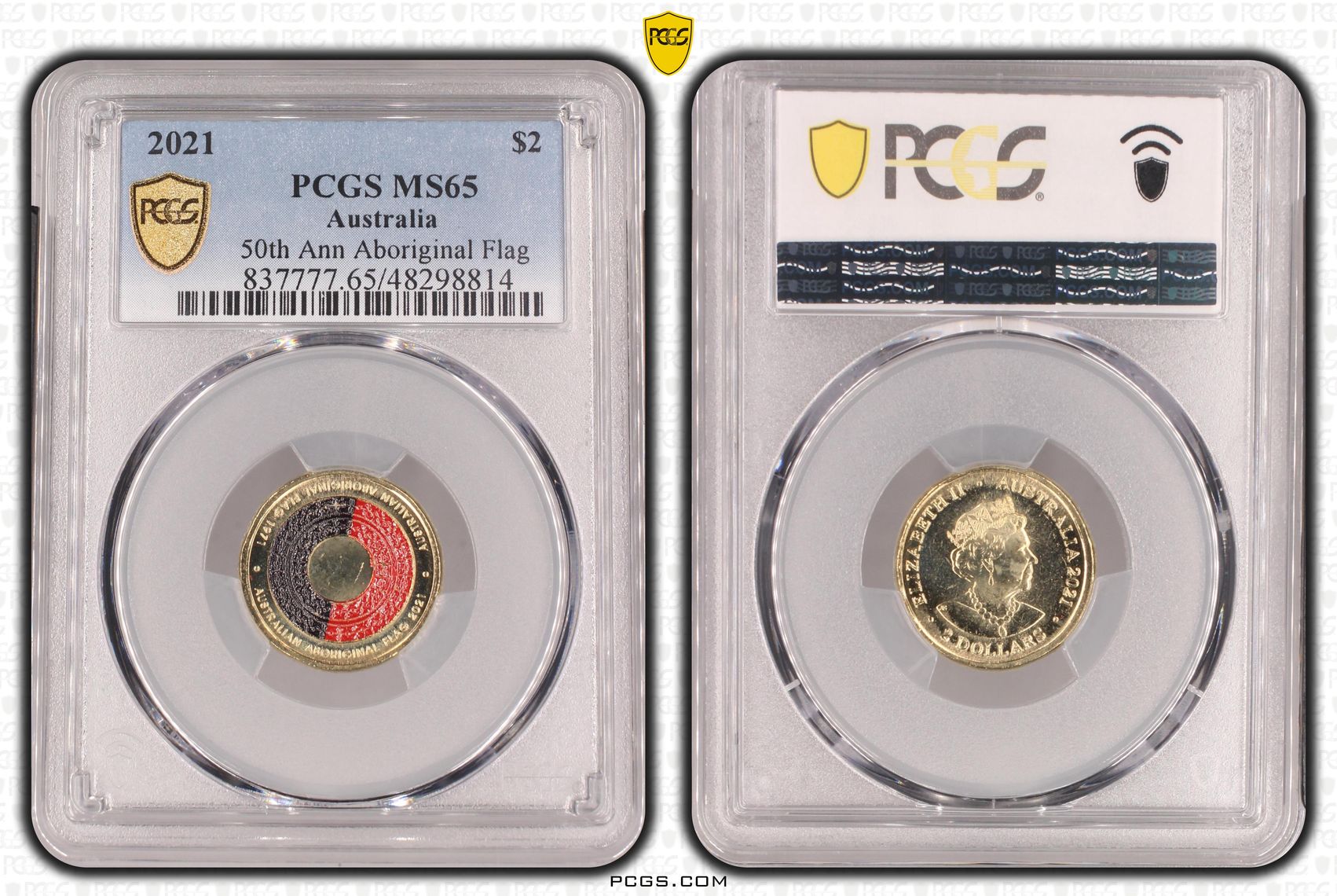 50th Ann Aboriginal Flag Colourised, Two Dollar, 2021, PCGS MS65