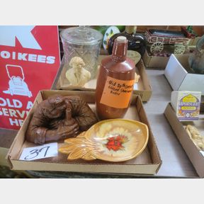 Red Mill hand crafted wood beer drinker, stoneware bottle and platter