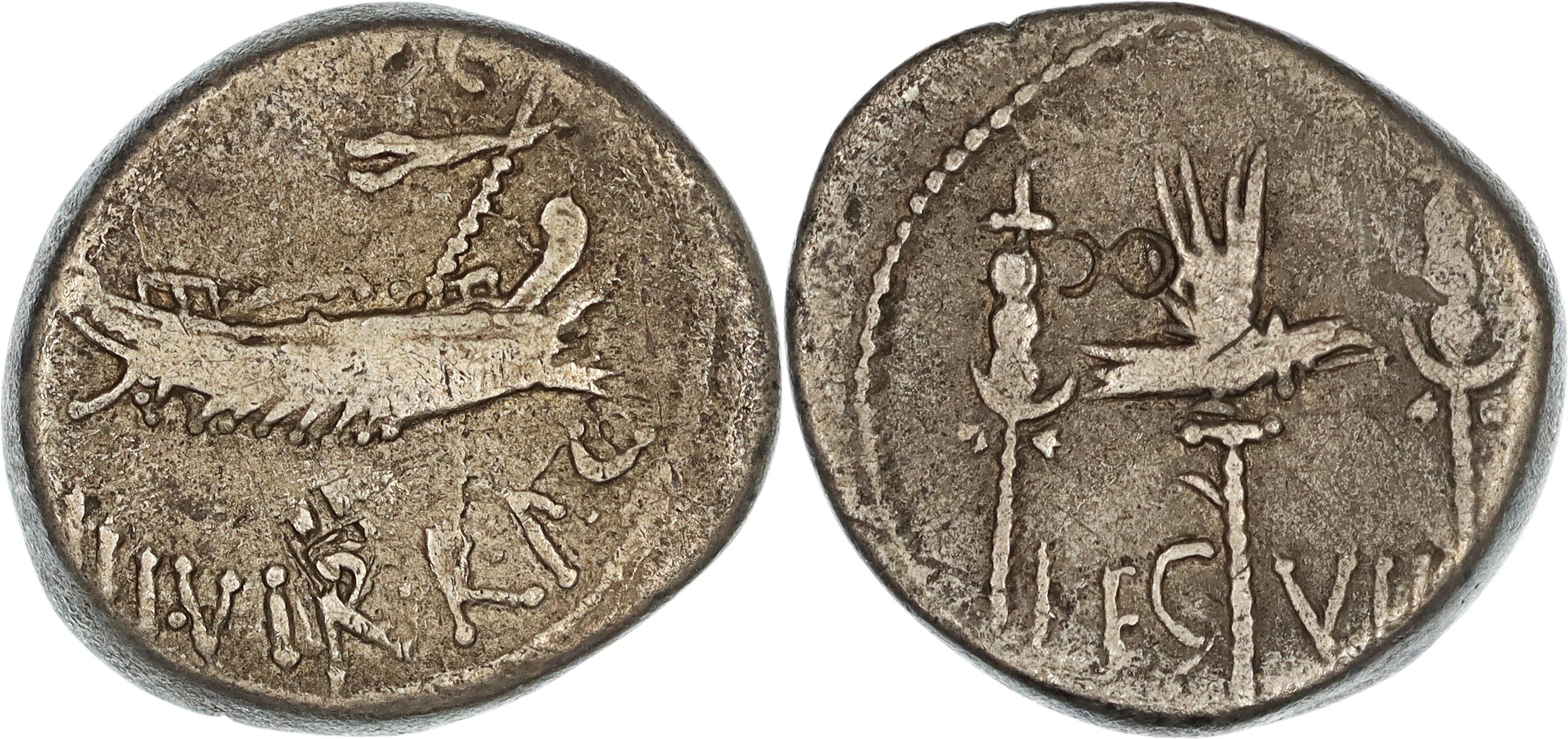 Roman Republic, Imperatorial Period, M. Antonius M.f. M.n. (Mark Antony), Silver Denarius, 32-31 BC, nF