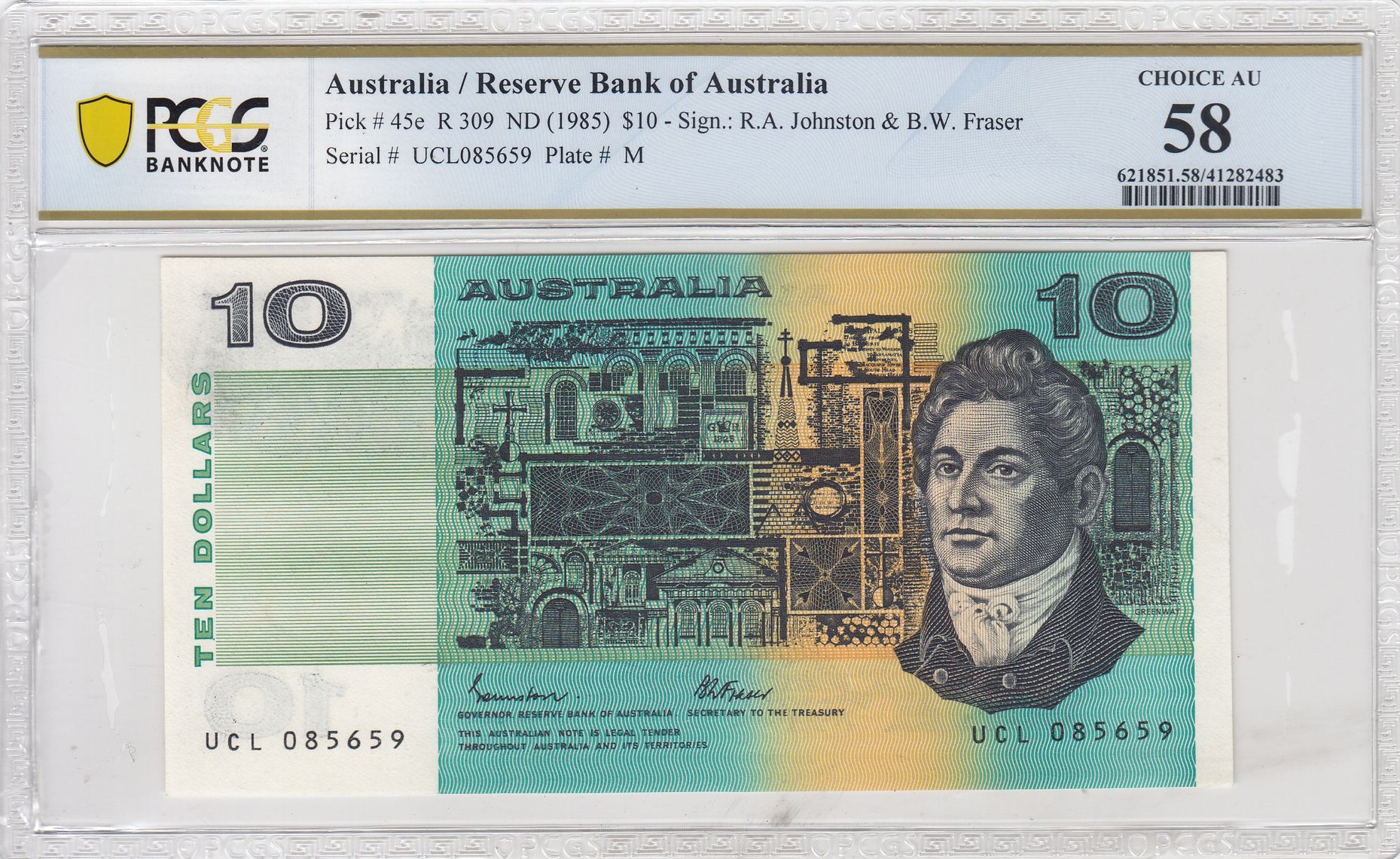1985 Australia $10 Banknote Johnston/Fraser Choice AU 58 PCGS