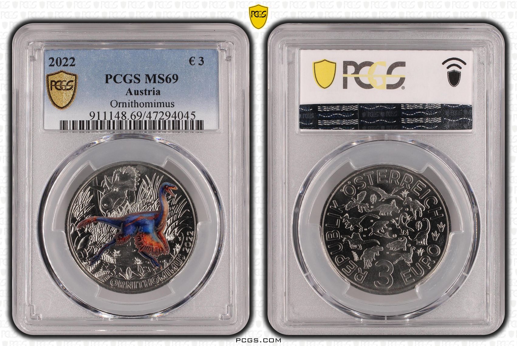 Austria, Ornithomimus , 3 Euro, 2022, PCGS MS69