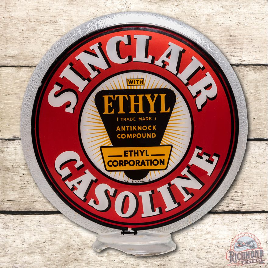 Complete Sinclair Gasoline w/ Ethyl Logo 13.5" Gas Pump Globe & Clear Ripple Body