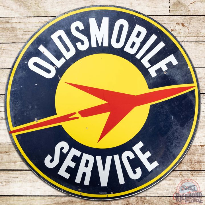 Scarce Oldsmobile Service 60" DS Porcelain Sign w/ Rocket Logo
