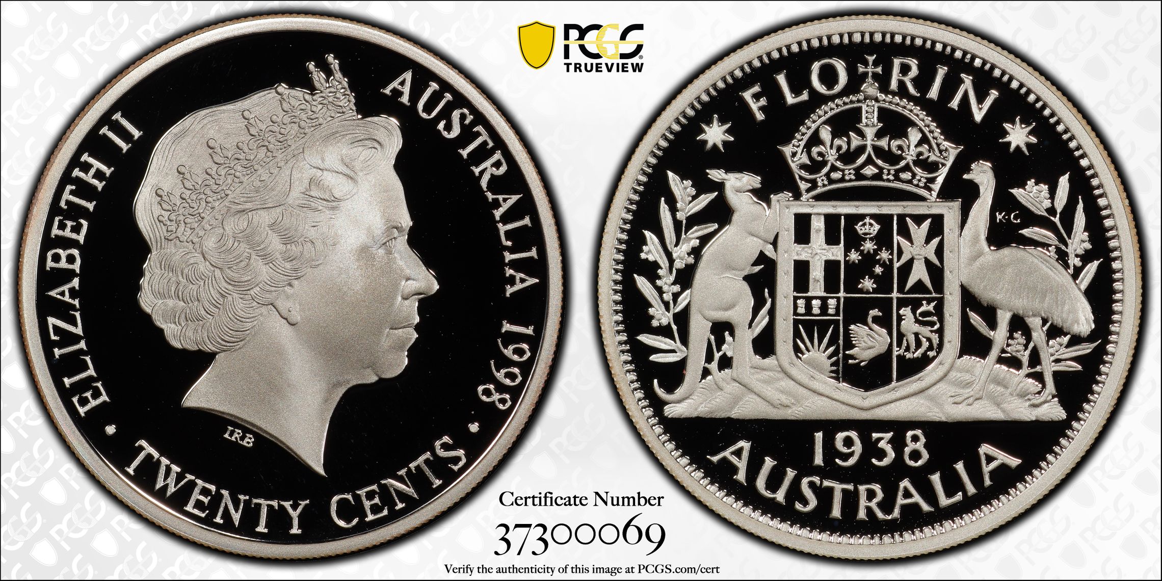 1998 Australia Twenty Cent, 20c 1938 Florin Silver PCGS - PR69DCAM -069