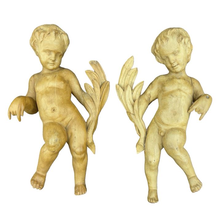 Pair Antique French Carved Hanging Cherubs