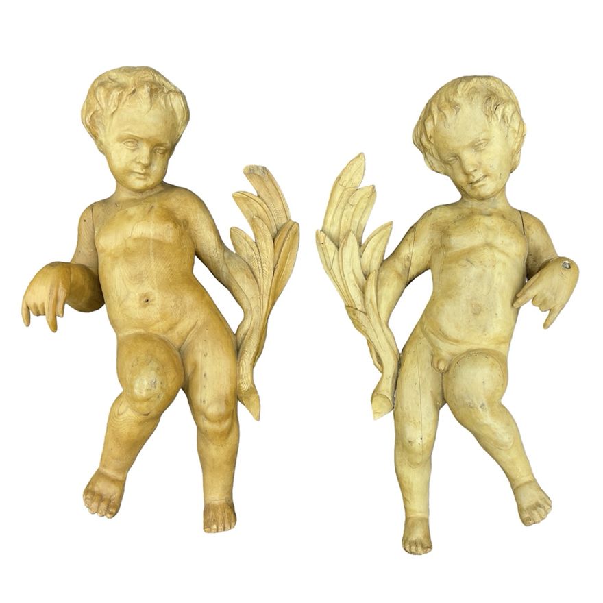 Pair Antique French Carved Hanging Cherubs
