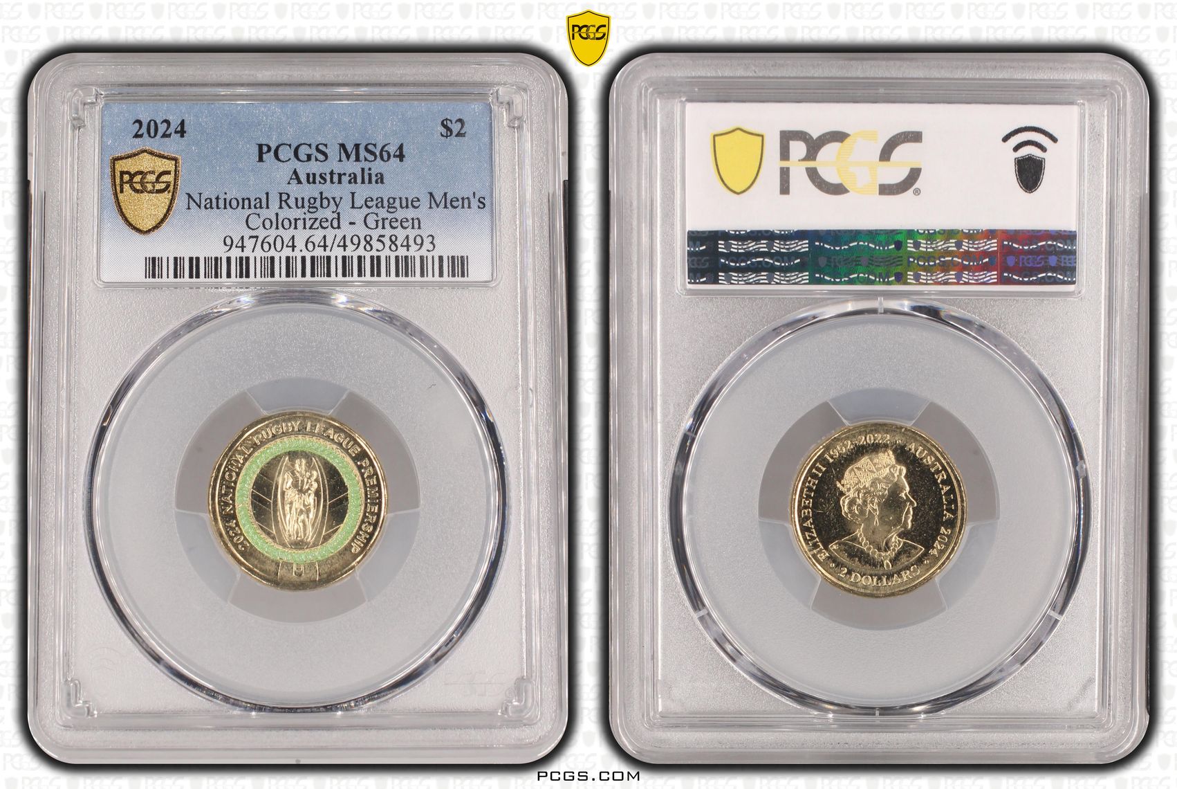 National Rugby League Men's Colorized - Green , Two Dollar, 2024, PCGS MS64