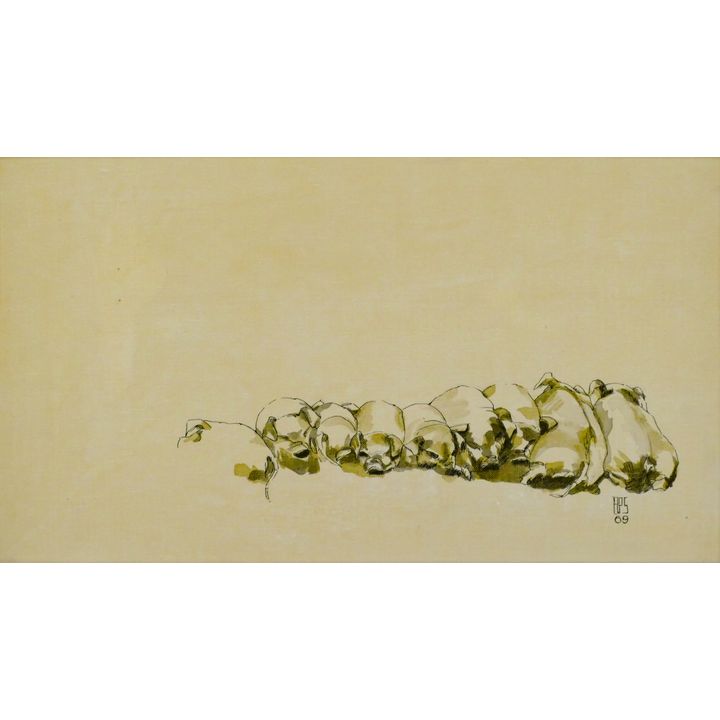Bruce Strachan ''Nine Little Pigs'' Mixed Media on Canvas Board