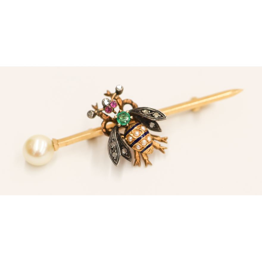 Vintage 18k Multi-Stone Bee Bar Pin