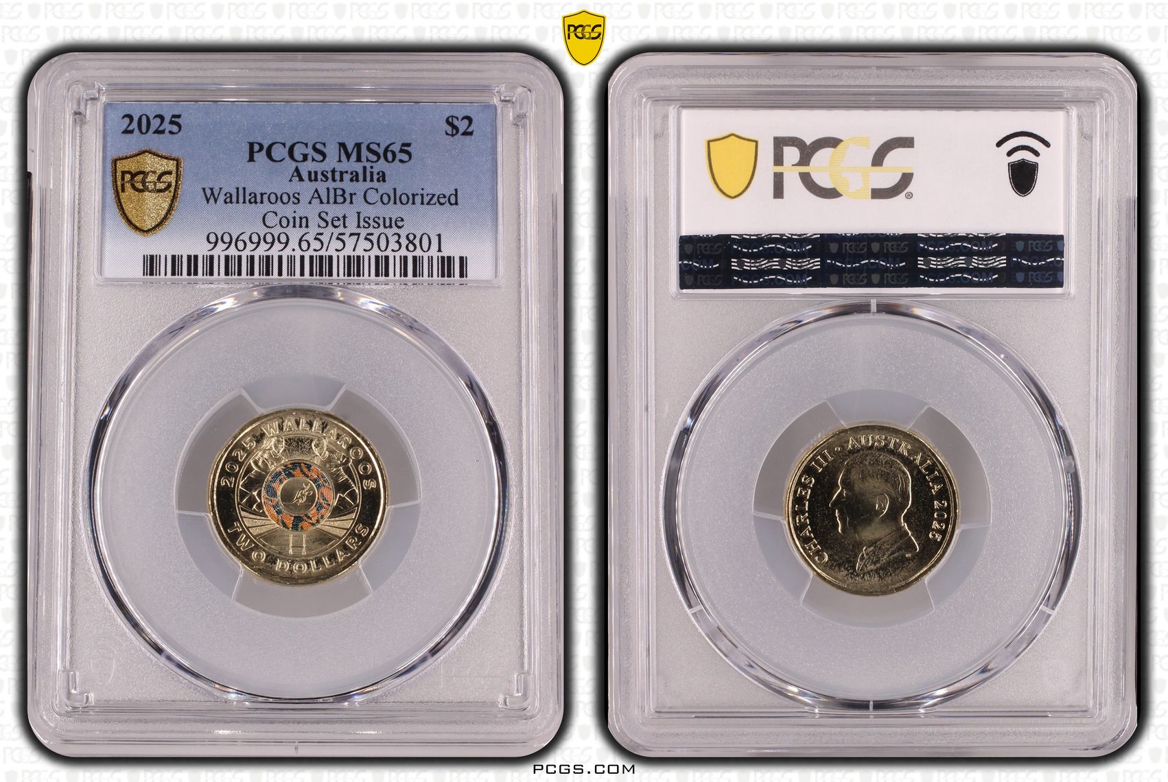 Wallaroos AlBr Colourised Coin Set Issue, Two Dollar, 2025, PCGS MS65