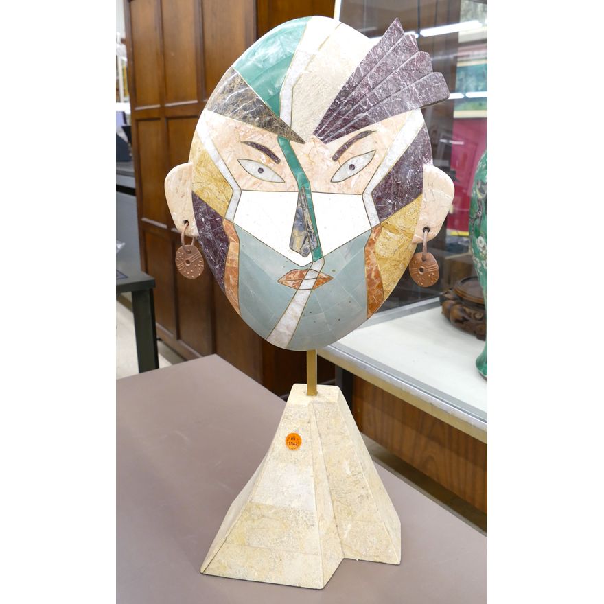 Joseph de Castro Inlaid Mask Sculpture on Stand 24''x12''