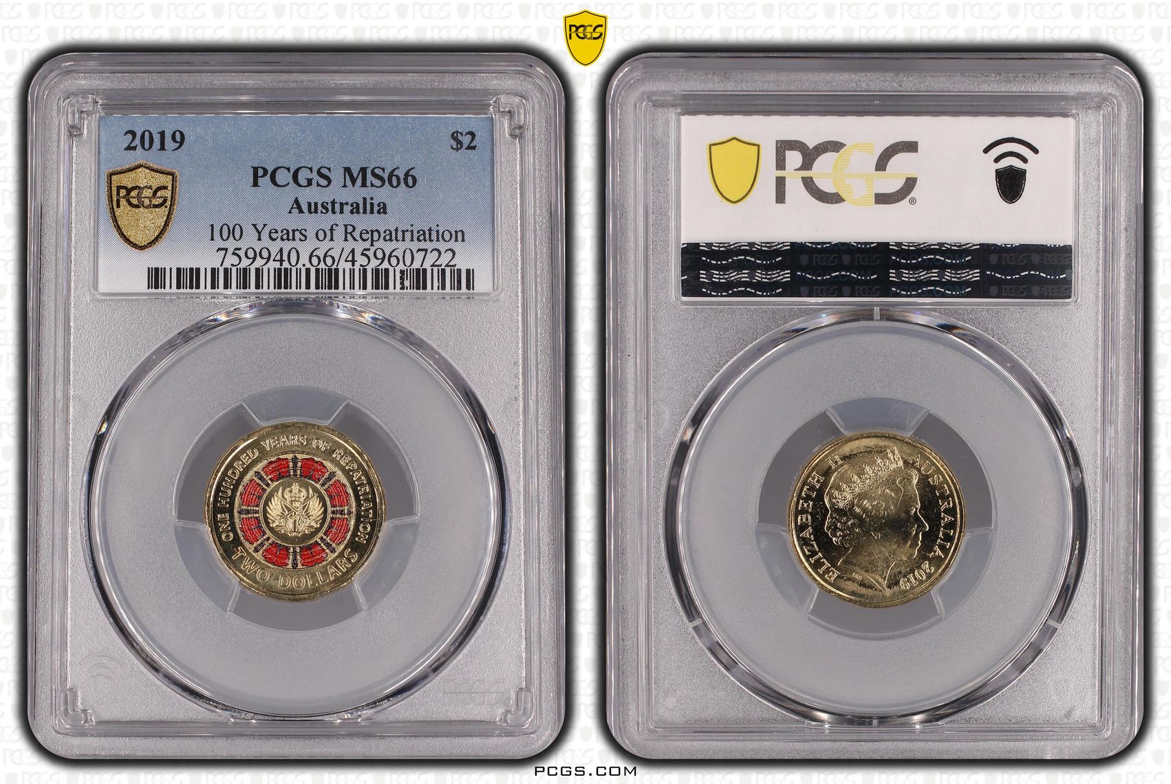 488 · Elizabeth II, 100 Years of Repatriation - Colorized , Two Dollar, 2019, PCGS MS66