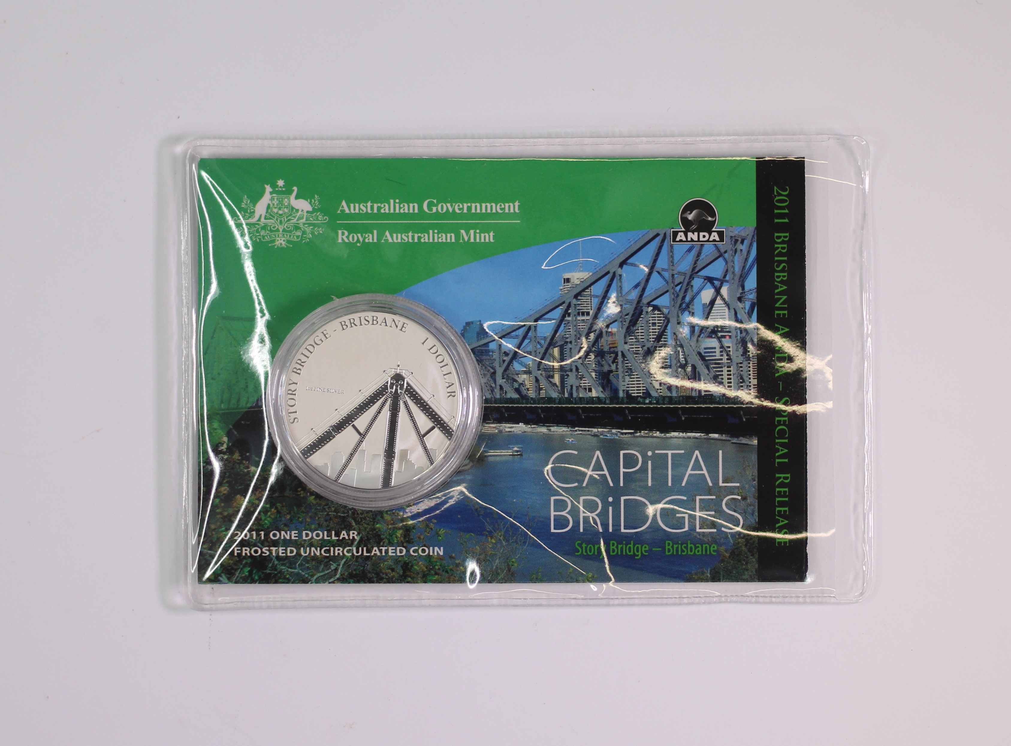 2011 RAM $1 Silver Frosted 1oz ANDA Captial Bridges - Story Bridge - Carded Coin